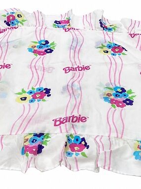 Vintage 1995 Barbie Pillow Sham Floral Pink Ruffle Bedding Made USA 27x19
